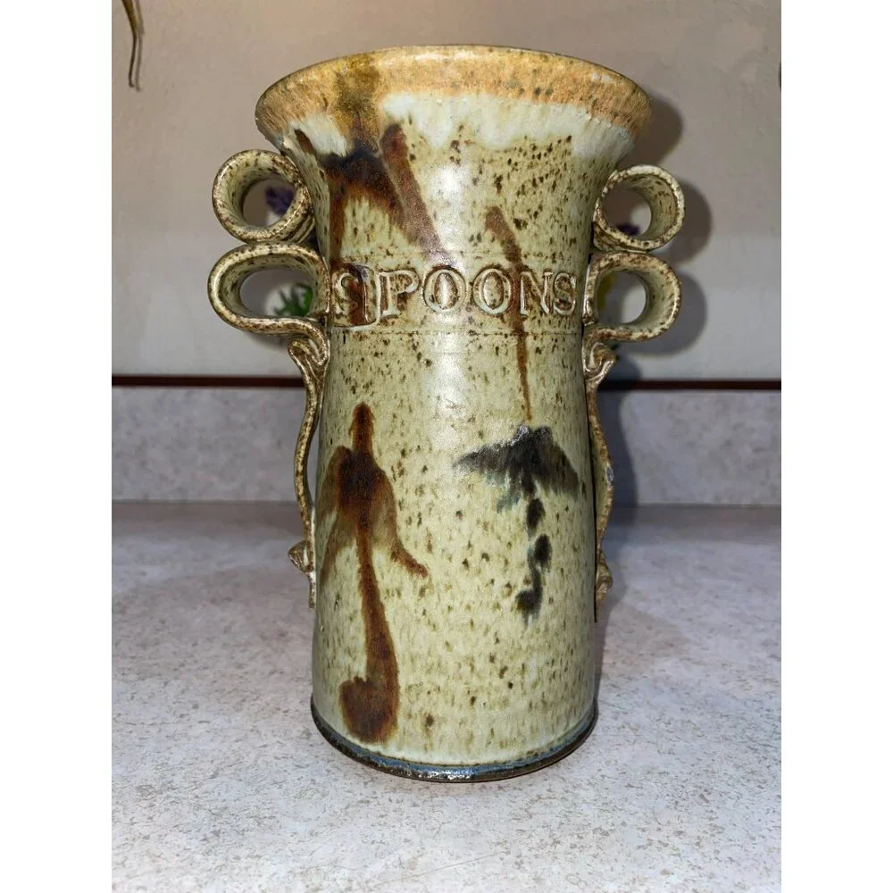 Vintage Ceramic Spoon Holder With Textured Handles & Unique Glaze Finish